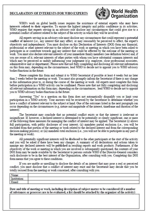 Declaration of interests for WHO experts