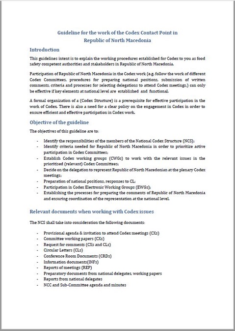 North Macedonia guideline for the work of the Codex contact point