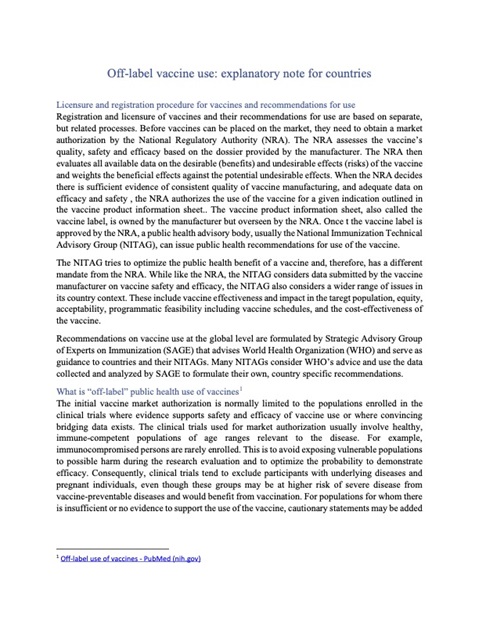 Off-label vaccine use: explanatory note for countries